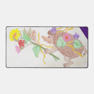 Hedgehog and Flowers Bouquet  Desk Mat