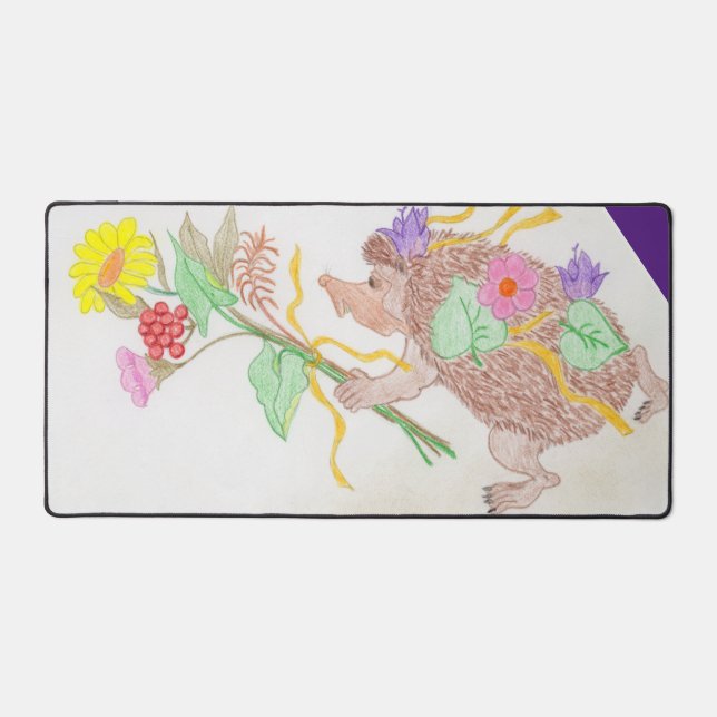 Hedgehog and Flowers Bouquet  Desk Mat (Front)