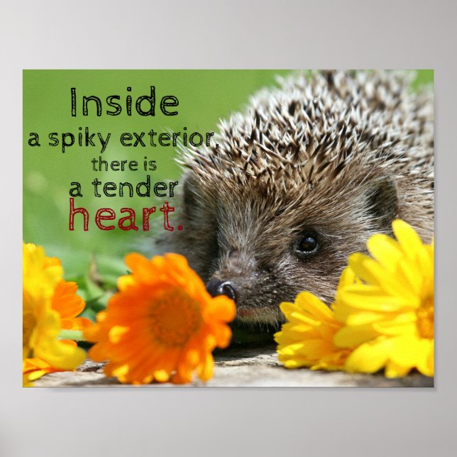 Hedgehog and flowers|| Tender heart inside quote Poster (Front)