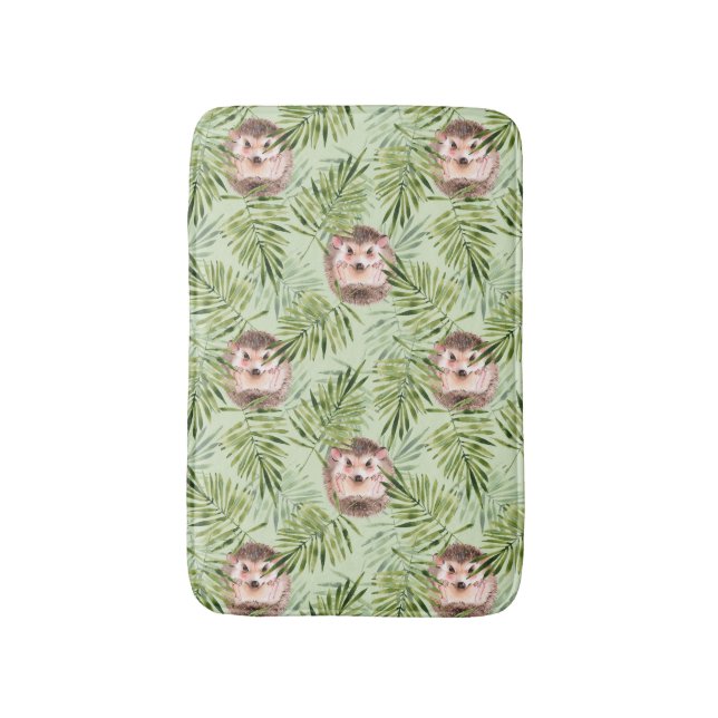 Hedgehog and green leaves bath mat (Front Vertical)