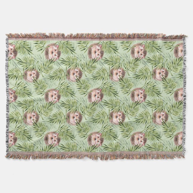 Hedgehog and green leaves throw blanket (Front)