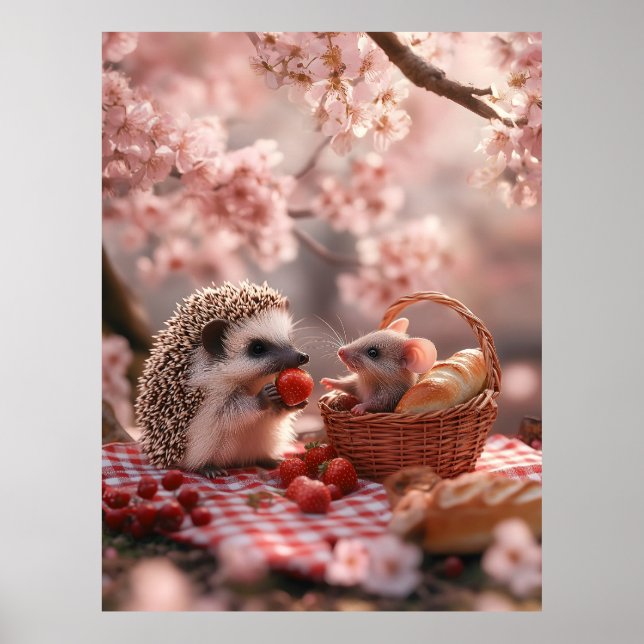 Hedgehog and Mouse Sharing Strawberries - Picnic Poster (Front)