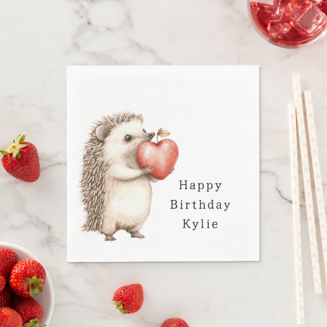 Hedgehog Apple Heart Birthday Napkin (Insitu)