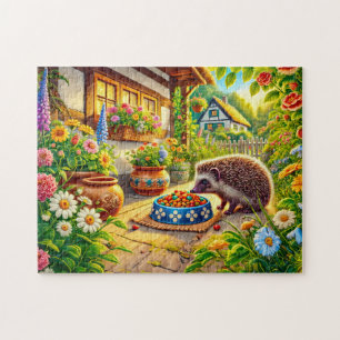 Hedgehog at Cat Food on Terrace Jigsaw Puzzle