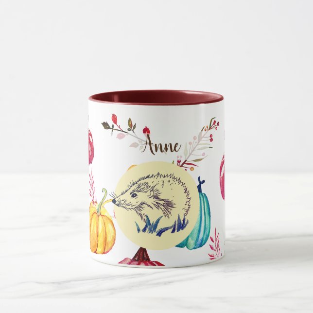 Hedgehog Autumn Art Custom Name Mug (Center)