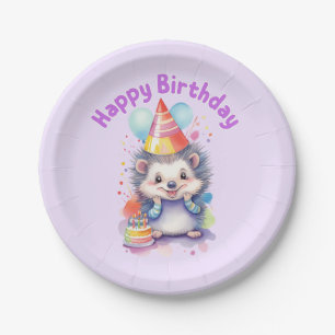 Hedgehog Birthday Whimsical Watercolor Paper Plate