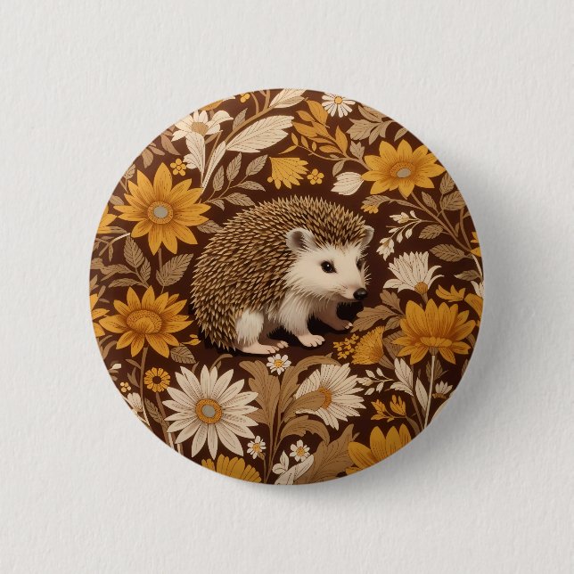 Hedgehog Brown Floral William Morris Inspired 2 Inch Round Button (Front)