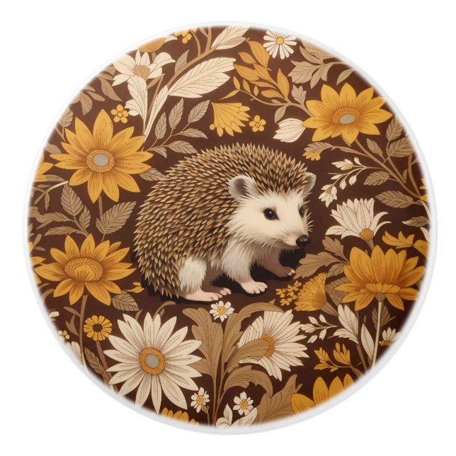 Hedgehog Brown Floral William Morris Inspired Ceramic Knob (Front)