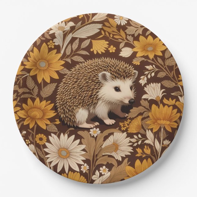 Hedgehog Brown Floral William Morris Inspired Paper Plate (Front)