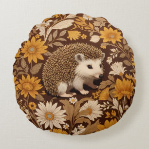 Hedgehog Brown Floral William Morris Inspired Round Pillow