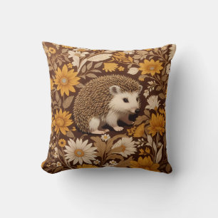 Hedgehog Brown Floral William Morris Inspired Throw Pillow
