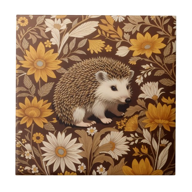 Hedgehog Brown Floral William Morris Inspired Tile (Front)