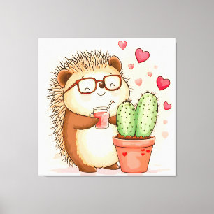 Hedgehog Cactus Cheers Watercolor Canvas Print
