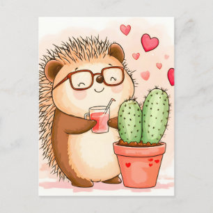  Hedgehog Cactus Cheers Watercolor Holiday Postcard