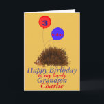 Hedgehog cartoon Birthday Grandson add name age Card<br><div class="desc">Childs birthday card,  change the name and age on front,  change the relationship if required,  and add any extra message and names inside. A cute cartoon hedgehog with a smile,  big eyes,  and holding balloons with age. For Grandson.</div>