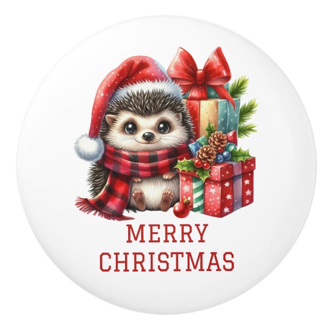 Hedgehog Christmas Ceramic Knob (Front)