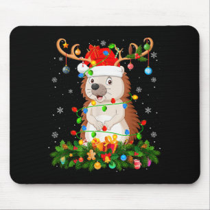 Hedgehog Christmas Lights Reindeer Santa Hat Adult Mouse Pad