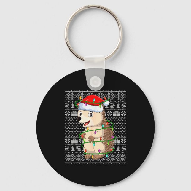 Hedgehog Christmas Lights Ugly Sweater Funny Santa Keychain (Front)