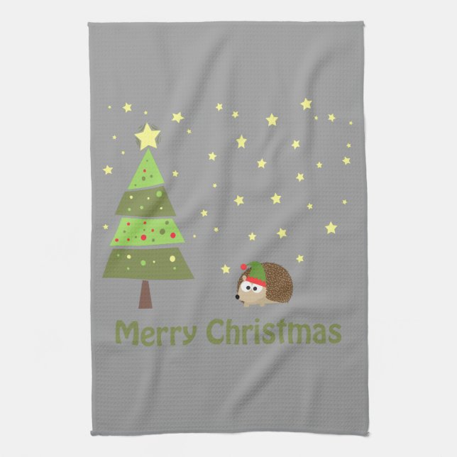 Hedgehog Christmas Scene Kitchen Towel (Vertical)