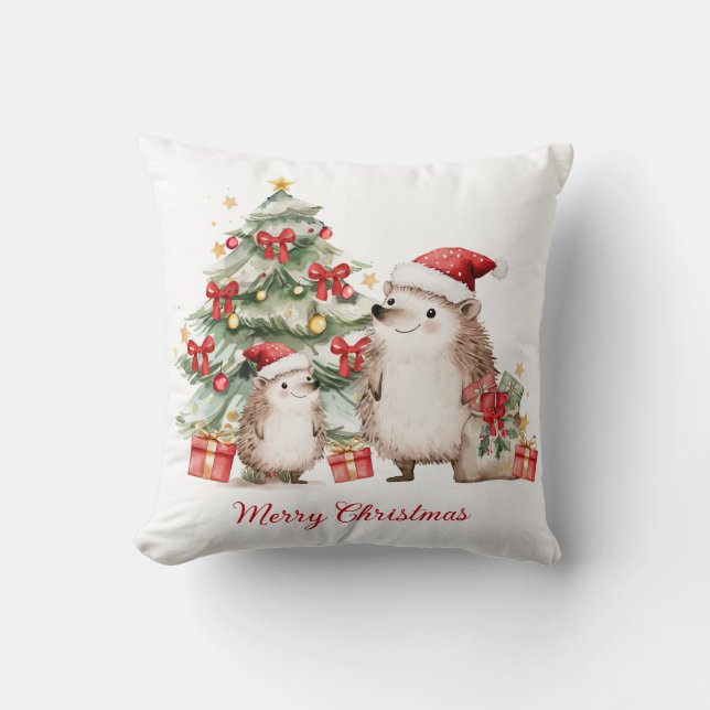 Hedgehog Christmas Tree Presents Kids Throw Pillow (Front)