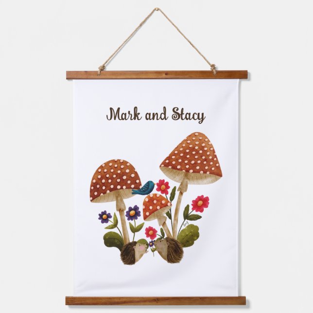 Hedgehog Couple in a Mushroom Forest Hanging Tapestry (Front)