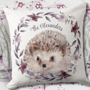 Hedgehog Cute Woodland Watercolor Monogrammed Name Throw Pillow