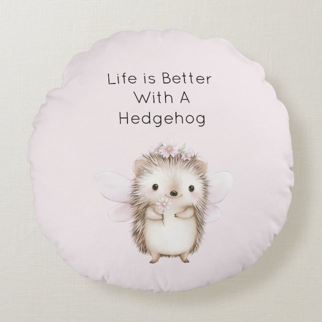 Hedgehog Fairy with Flowers Round Pillow (Front)