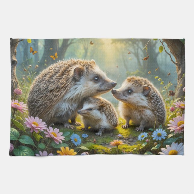 Hedgehog Family Kitchen Towel (Horizontal)
