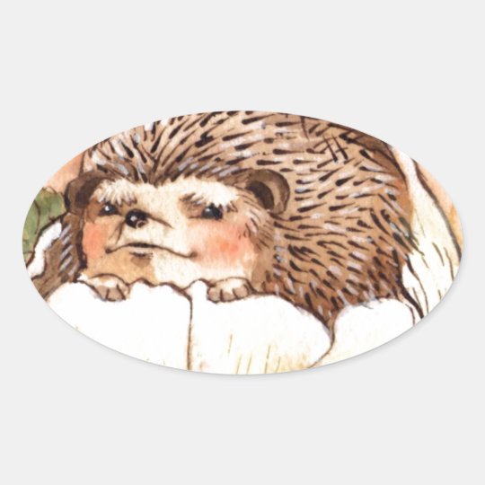 Hedgehog Flower Baby Watercolor Oval Sticker