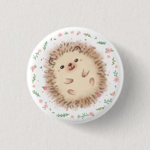 Hedgehog & Flowers Illustration 1 Inch Round Button