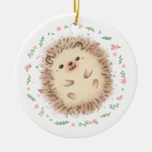 Hedgehog & Flowers Illustration Ceramic Ornament