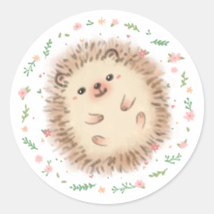 Hedgehog & Flowers Illustration Classic Round Sticker