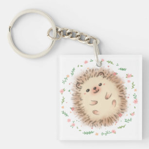 Hedgehog & Flowers Illustration Keychain