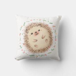 Hedgehog & Flowers Illustration Throw Pillow