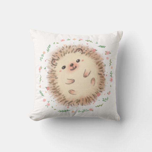 Hedgehog & Flowers Illustration Throw Pillow (Front)
