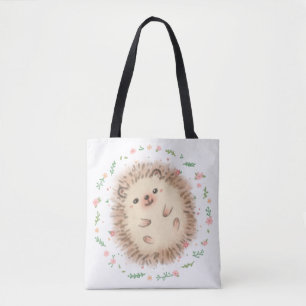 Hedgehog & Flowers Illustration Tote Bag
