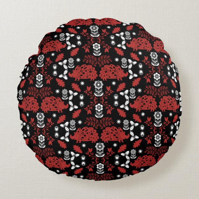 Hedgehog Folk Art Round Pillow (Front)