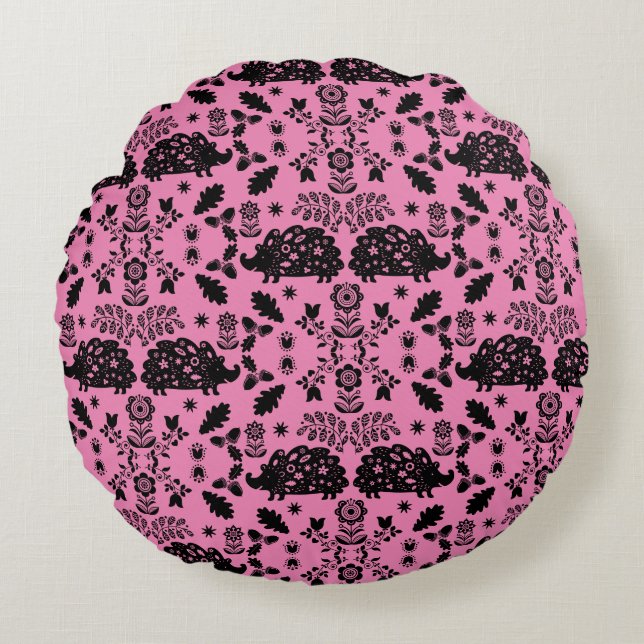 Hedgehog Folk Art Round Pillow (Front)