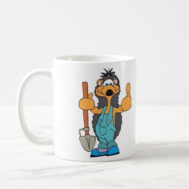 hedgehog gardener with spade in hand. coffee mug (Left)