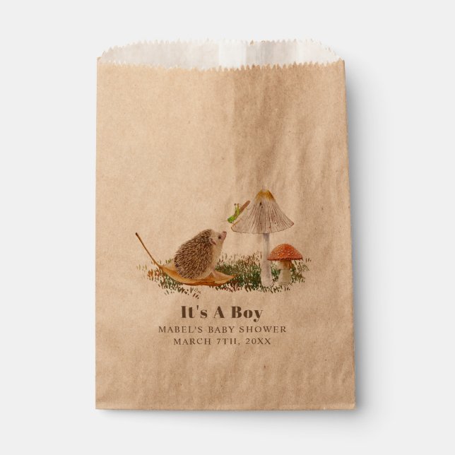 Hedgehog Grasshopper Mushroom Woodland Baby Shower Favour Bag (Front)