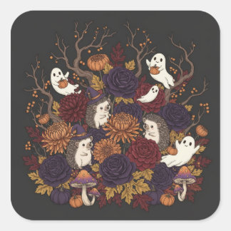 hedgehog halloween haunted forrest square sticker