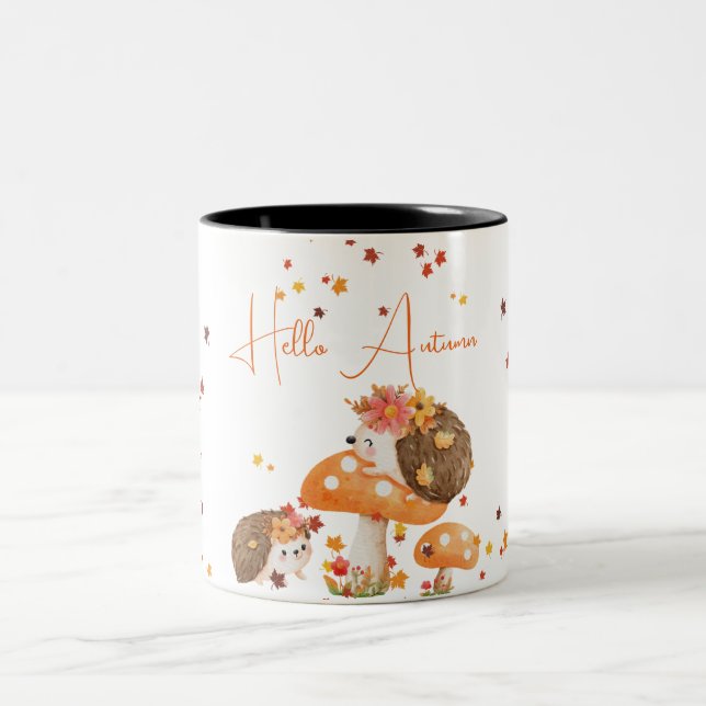 Hedgehog Hello Autumn  Fall Leaves  Two-Tone Coffee Mug (Center)