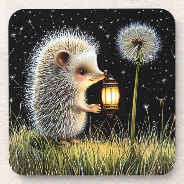 Hedgehog Holding Lantern Next to Dandelion Coaster (Front)