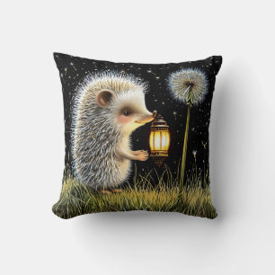 Hedgehog Holding Lantern Next to Dandelion Throw Pillow