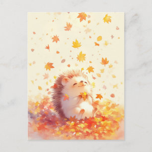 Hedgehog Holding Yellow Autumn Maple Leaf Postcard