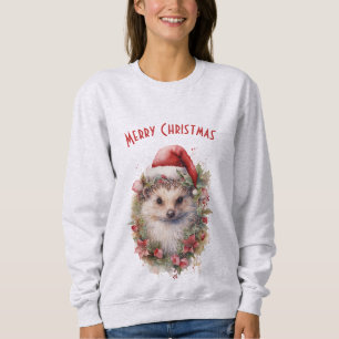 Hedgehog in a Santa Hat Red Poinsettia Christmas Sweatshirt
