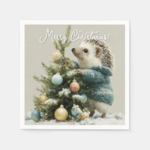Hedgehog in a Sweater Decorating a Christmas Tree Napkin