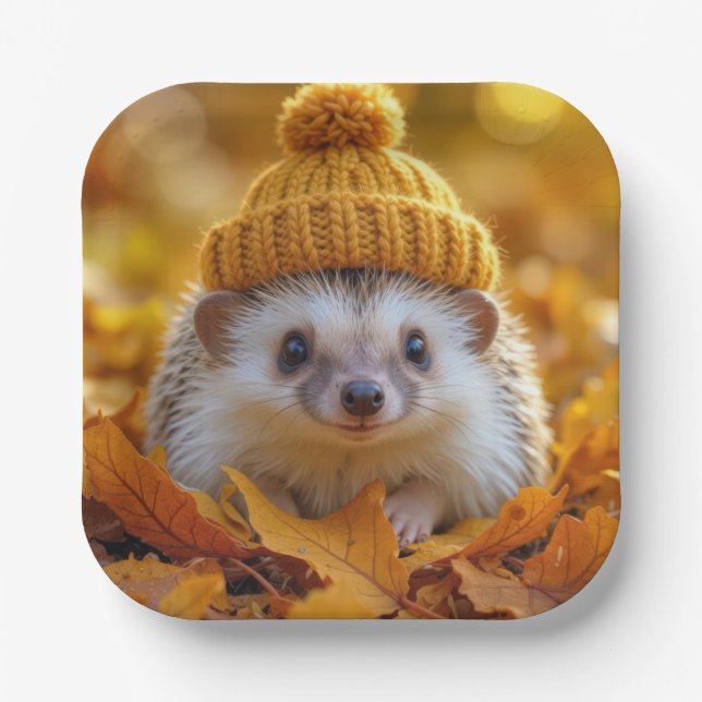 Hedgehog In Autumn Leaves Paper Plate (Front)