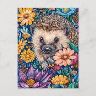 Hedgehog in Blooming Flower Bed Postcard