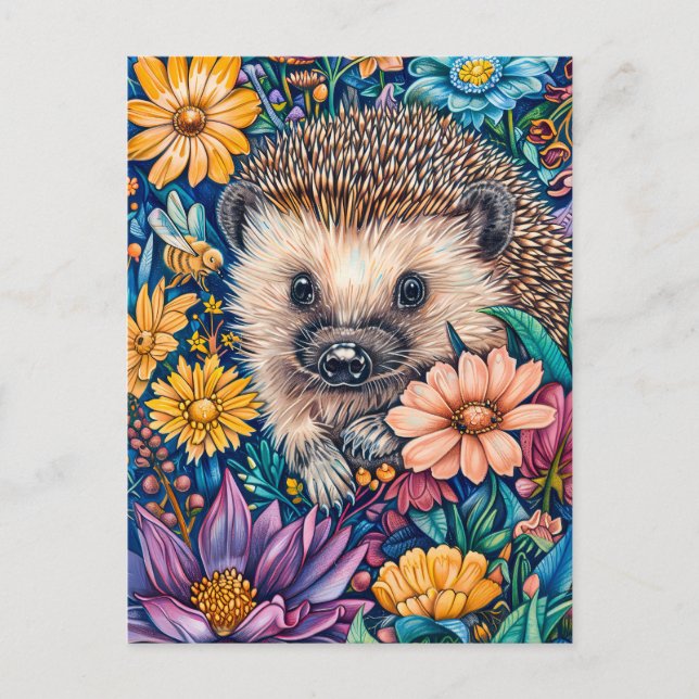 Hedgehog in Blooming Flower Bed Postcard (Front)